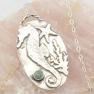 SEA HORSE TURQUOISE PENDANT HANDMADE IN STERLING SILVER METAL ABOUT 2"